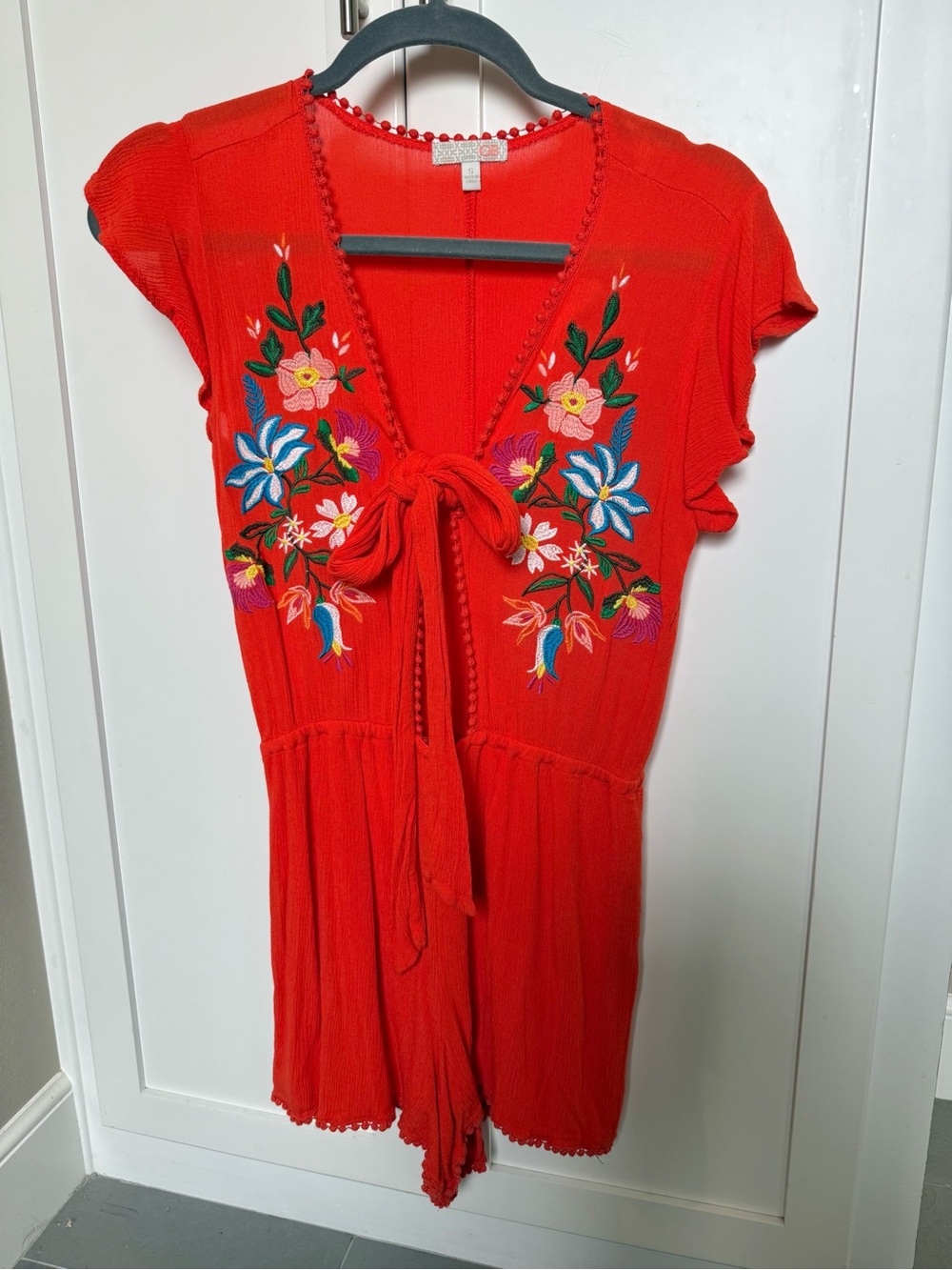 Women's Orange Embroidered Tie-Front Romper